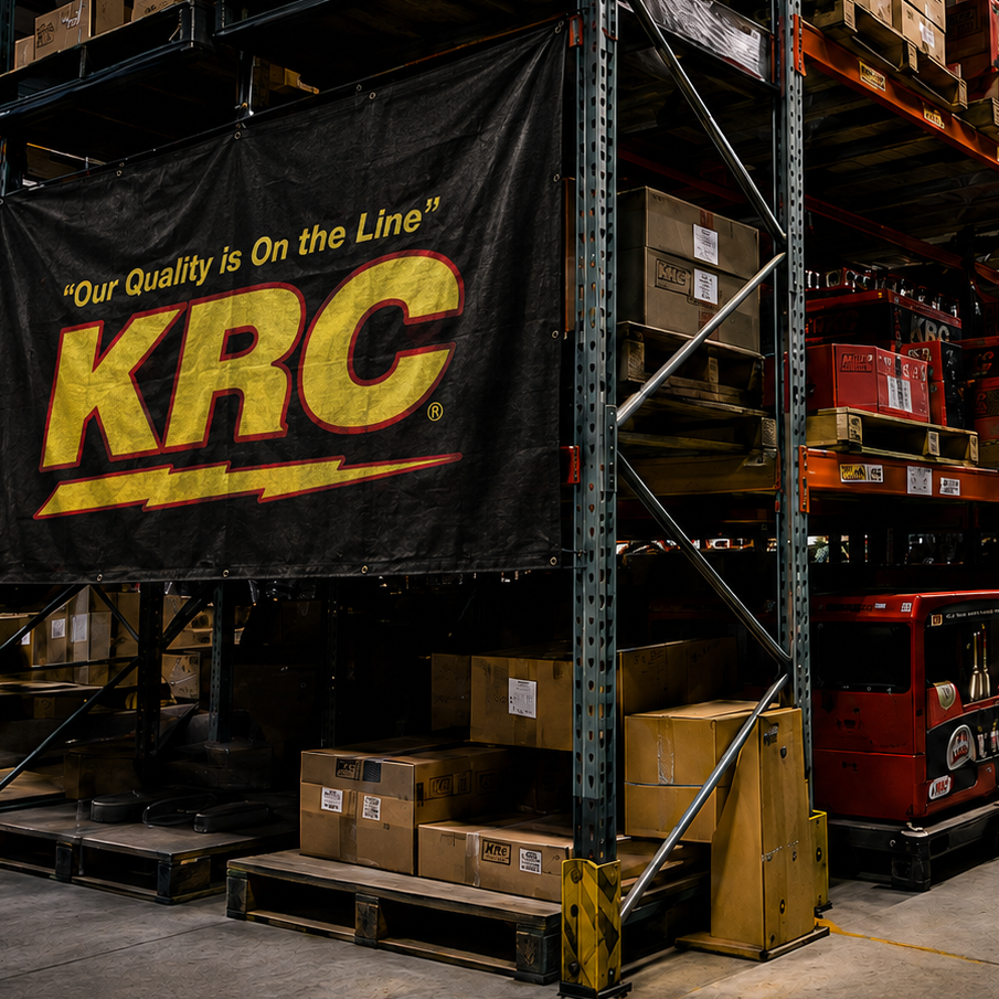 Warehouse interior with KRC branding on a large banner.
