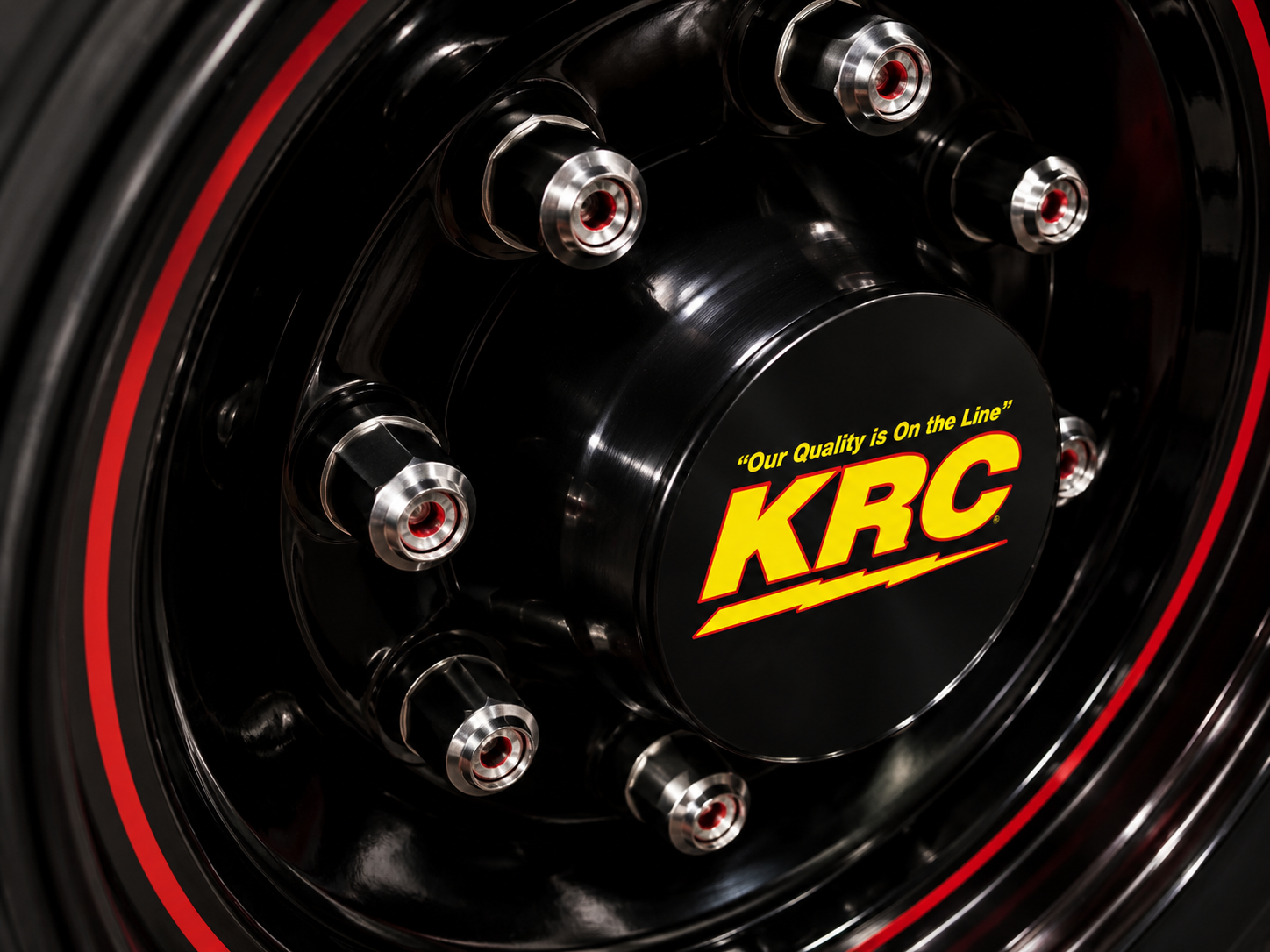 Close-up of a black wheel with KRC branding