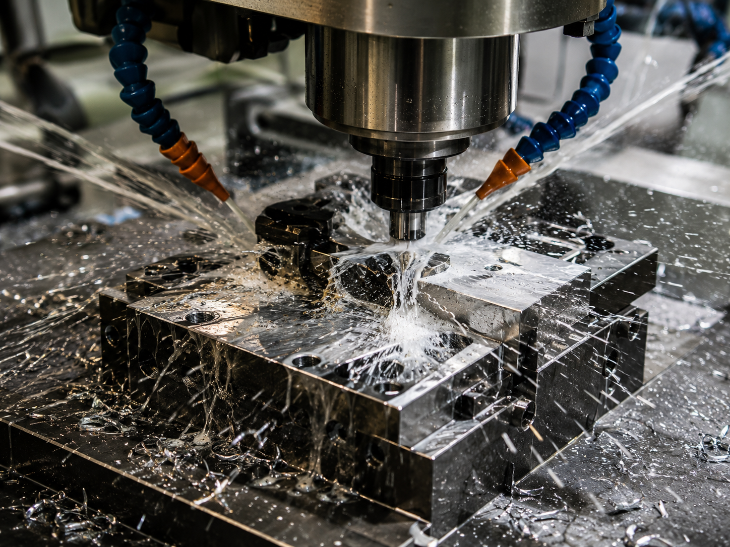CNC machine cutting metal with water spray in a workshop setting